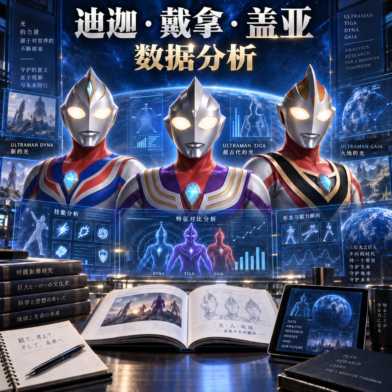 迪迦居中，戴拿与盖亚分列两侧的数据分析主题插画